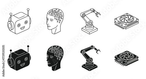 Vector illustration of set of isometric icons representing artificial intelligence and robotics, including robots, human brains with circuits, robotic arms, and computer processors, isolated on a