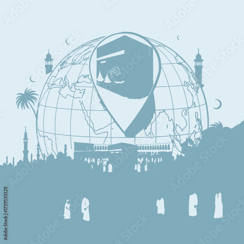 An illustration of the Kaaba in Mecca within a location pin on a globe, symbolizing the global Islamic Hajj pilgrimage.