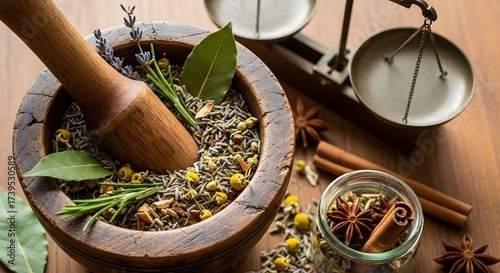 A wooden mortar and pestle filled with herbs and spices next to a balance scale on a table
