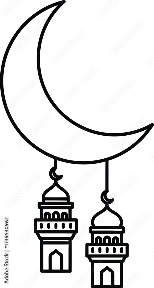 Naklejka premium Line art illustration of a crescent moon with two hanging minarets, symbolizing Islamic culture and celebrations like Ramadan or Eid.