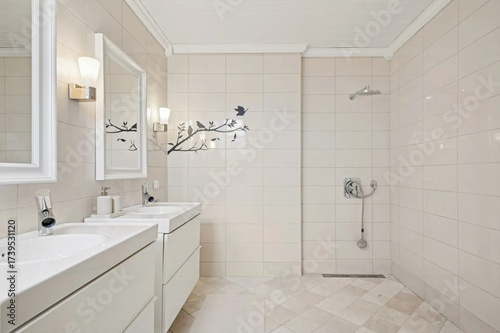 Modern bathroom interior in minimal scandinavian style, 3d render