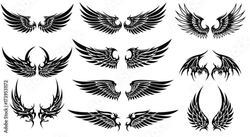 Vector illustration of collection of tribal tattoo style wings in various designs