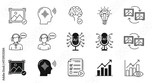 Vector illustration of set of icons representing artificial intelligence, machine learning, and data analysis