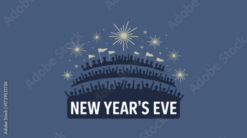 A new year's eve celebration with a crowd of people and fireworks in a stylized illustration