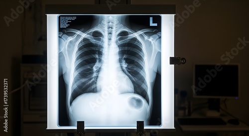 A chest x ray illuminated on a light box in a dimly lit room with medical equipment visible nearby