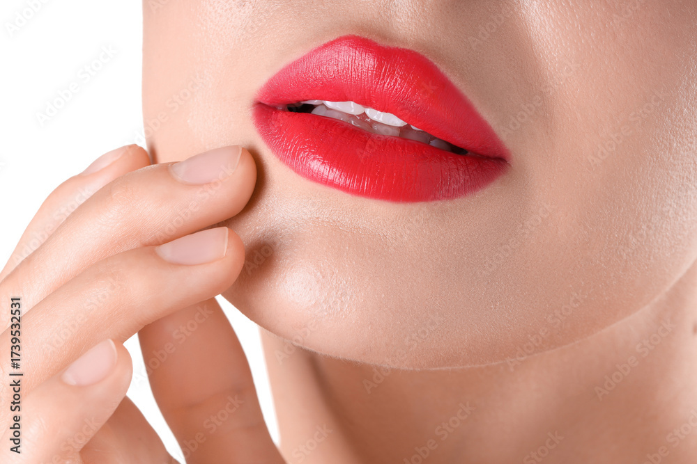 Fototapeta premium Woman with beautiful red lipstick on her lips against white background, closeup