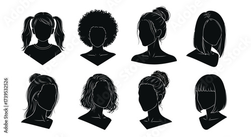 Vector illustration of collection of eight black silhouette hairstyles for women, including pigtails, afro, buns, and bobs