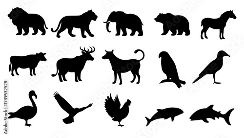 Animal Silhouette Vector Sheet,Wild, Marine,Birds & Farm Animals,Minimalist Icon Grid