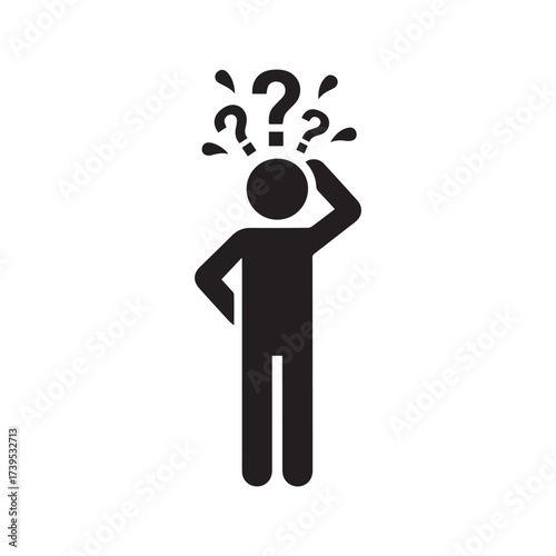 Confused Stick Figure Icon, Person Scratching Head with Question Marks Symbol of Doubt and Forgetfulness.
