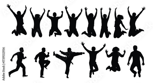 Vector illustration of group of black silhouettes of people jumping and running, expressing joy and energy