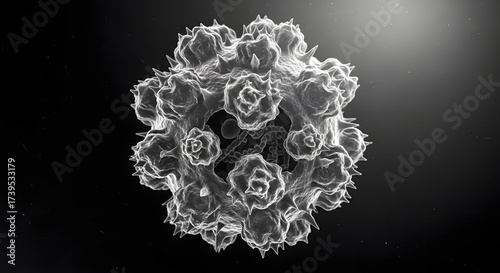 Close up view of a virus cell structure with spikes and internal components on a black background