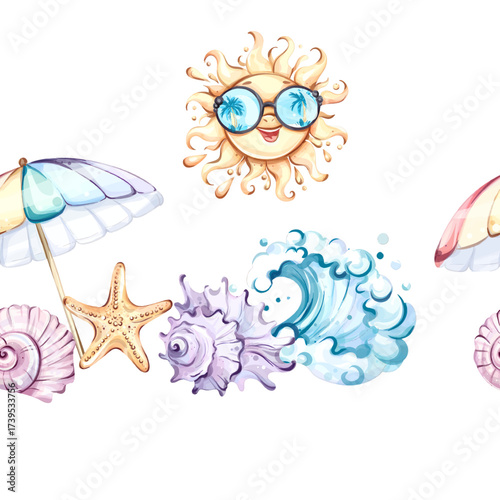 Seamless pattern background wallpaper of summer beach vibes featuring sun, seashells, waves, and umbrellas for joyful holiday arrangements