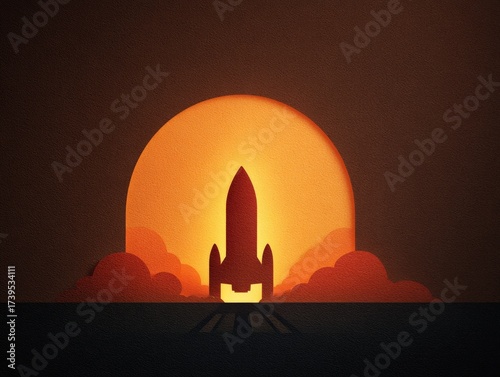 Silhouette of a rocket launching against a fiery, paper-crafted sun and clouds