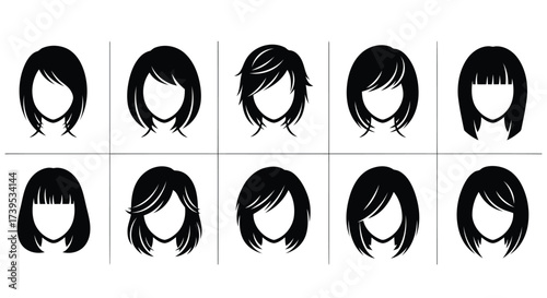 Vector illustration of set of ten black silhouette hairstyles for women