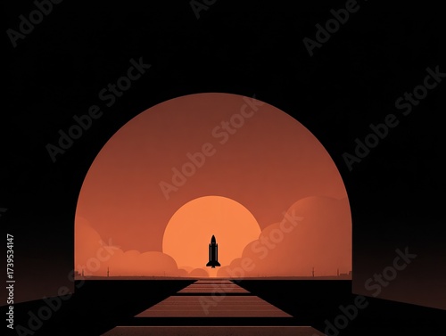 A silhouetted spacecraft ascends toward a sunset viewed through an arched gateway