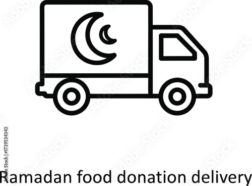 Line art icon of a delivery truck with a crescent moon symbol, representing Ramadan food donation and delivery for charity.