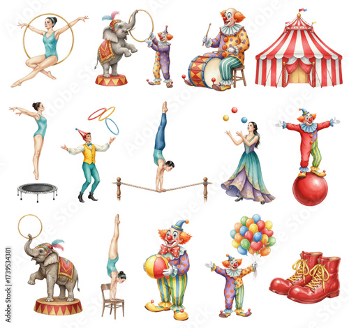 Whimsical Circus Performers and Elements Collection