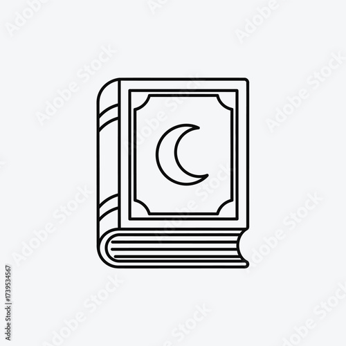 Line art illustration of a closed book with a crescent moon symbol on the cover.