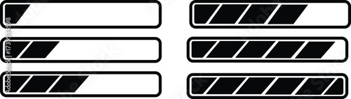 black and white progress bars showing loading levels from empty to full completion stages isolated on white background.