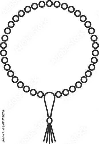 Monochrome illustration of a circular prayer beads necklace with a tassel hanging below.