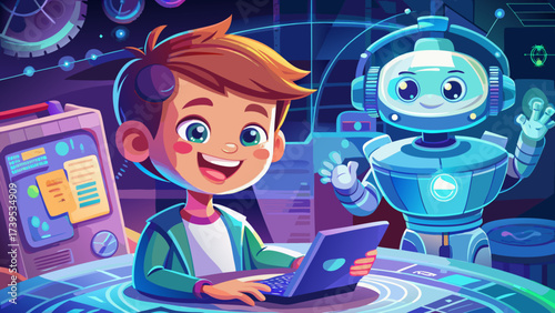 Close-up of a smiling child boy interacting with hologram robot assistant, STEM learning, immersive digital classroom, AI-driven innovation, future technology, smart education environment, modern 