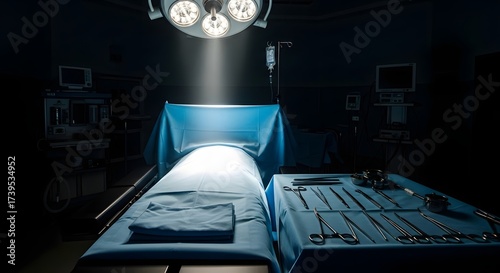 A surgical table with instruments under bright lights in a dark operating room environment setting