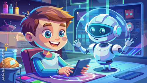 Close-up of a smiling child boy interacting with hologram robot assistant, STEM learning, immersive digital classroom, AI-driven innovation, future technology, smart education environment, modern 