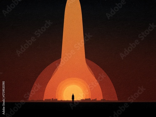 Silhouette of a person observing a glowing, radiating light source over a cityscape