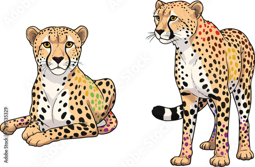 Cheetah cartoon illustration, colorful cheetah mascot, artistic wild cat character, fantasy animal artwork, vector cartoon, wildlife design, jungle theme