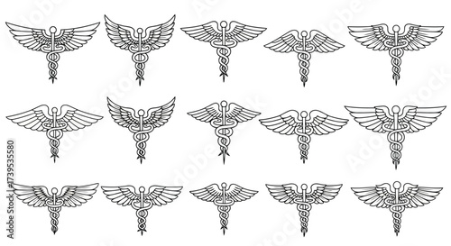 Vector illustration of fifteen caduceus symbols with wings, representing medicine and commerce