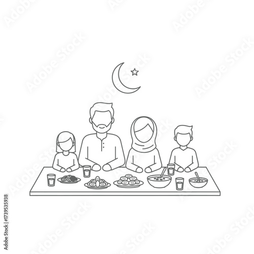 Illustration of a family having Iftar meal during Ramadan.
