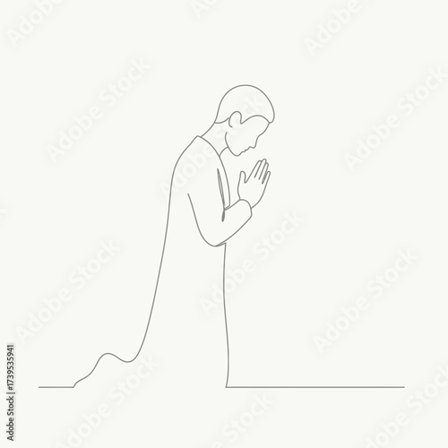Minimalist line drawing of a person kneeling with hands clasped in prayer or deep contemplation.