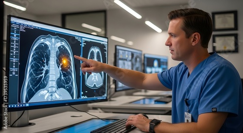 Doctor examining lung scan on computer screen pointing to area of concern in a medical office setting
