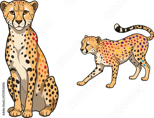 Cheetah cartoon illustration, colorful cheetah mascot, playful wild cat character, fantasy animal artwork, vector cartoon, wildlife design, jungle theme