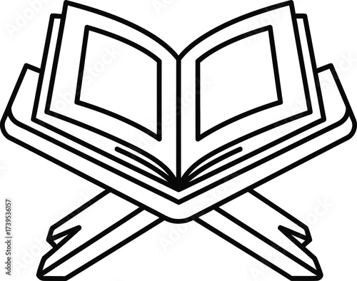 A simple black and white line drawing of an open book resting on a stand.
