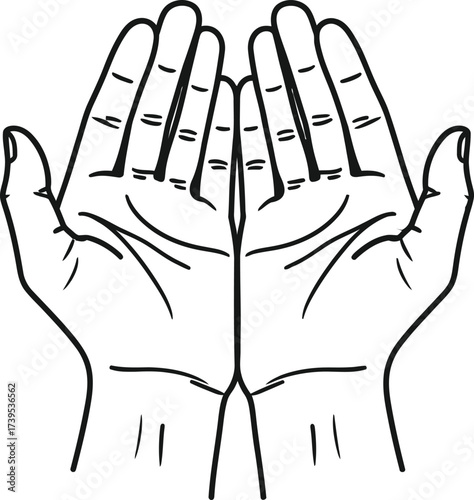 A simple black and white line art illustration of two open hands held together, palms facing up in a gesture of prayer, offering, or receiving.