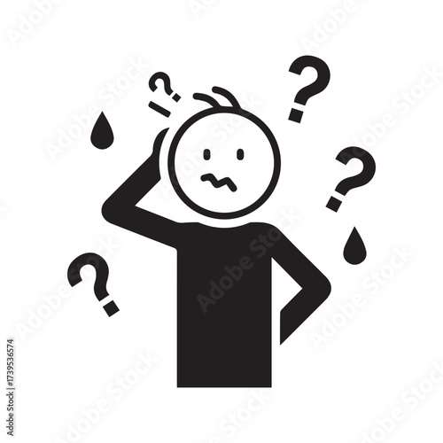 Confused Stick Figure Icon, Person Scratching Head with Question Marks Symbol of Doubt and Forgetfulness.
