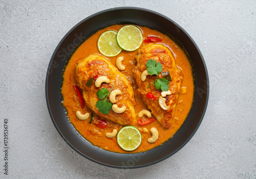 Overhead view of roasted spicy butter chicken breast fillets in vibrant red curry gravy sauce, garnished with fresh lime, cashews, and cilantro.