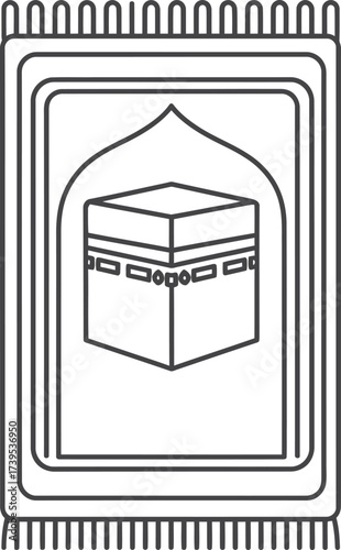 A black and white line drawing of a prayer mat featuring an illustration of the Kaaba in Mecca.