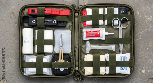 Open first aid kit with bandages scissors and other medical supplies in a green case on a gray surface