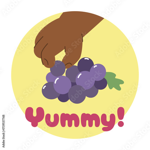 Hand of black baby taking grape. The inscription Yummy