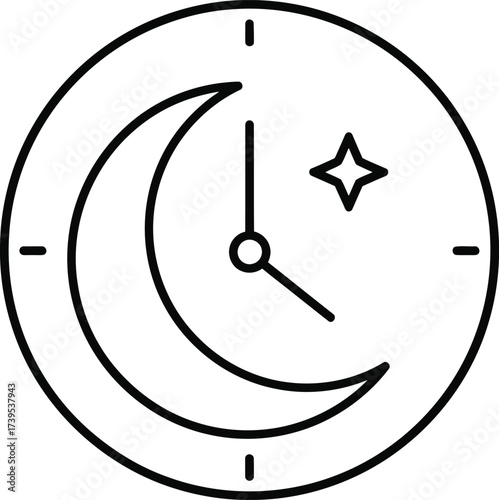 Line art icon depicting a clock face with a crescent moon and a star, symbolizing nighttime or sleep.