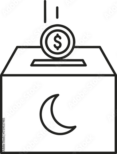 Illustration of a donation box with a coin dropping into the slot, featuring a crescent moon.