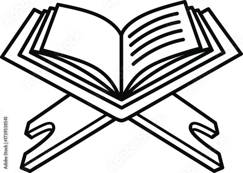 Open book on a stand, black and white line art.