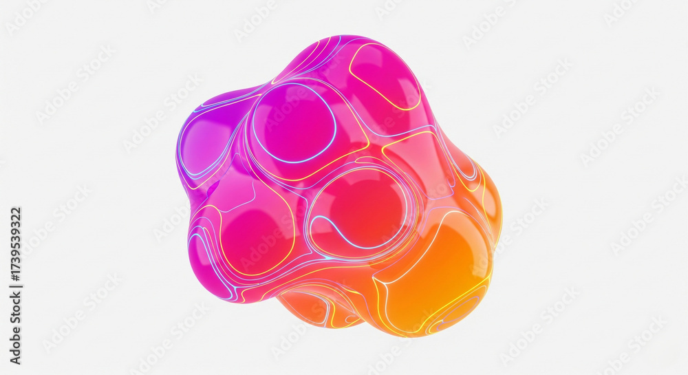 Obraz premium Abstract rendering of a glossy multicolored blob with white lines on a plain white background space 3d art
