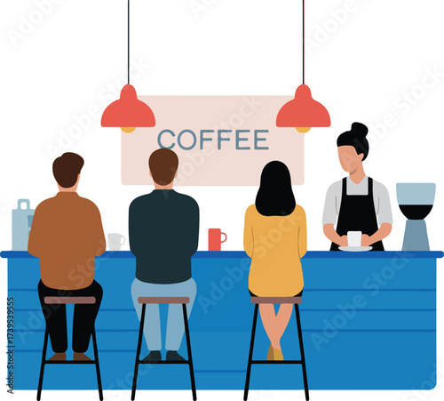 People at a coffee shop counter with a barista there