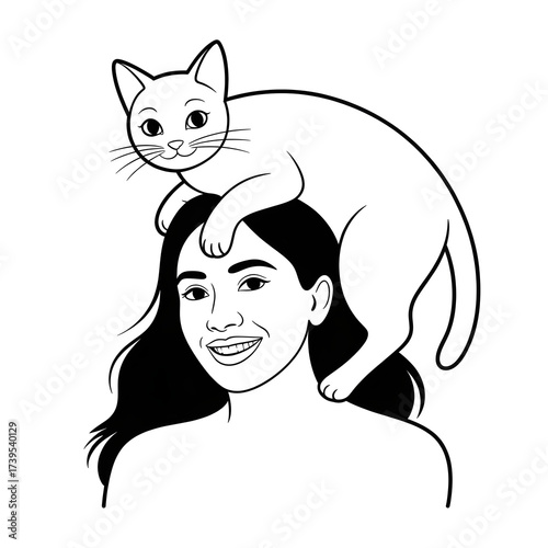 Unique Bond Smiling Woman and Her Whimsical Cat Perched on Head - Minimalist Black  White Line Art Illustration