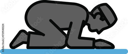 A simple icon of a Muslim man prostrating during Salah, the Islamic prayer, on a blue mat.