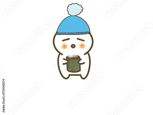 Cute humanoid character drinking hot tea in winter
