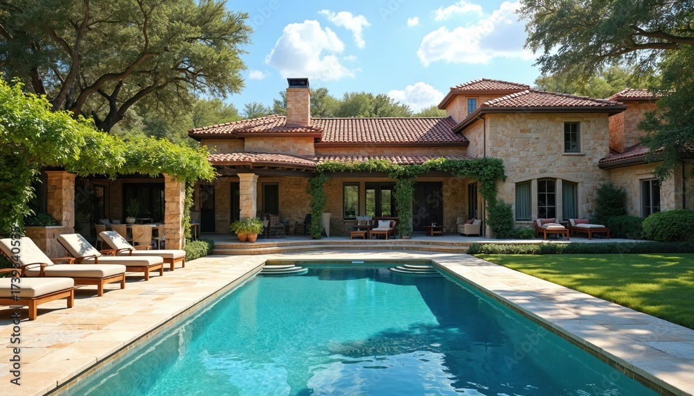 Fototapeta premium Stone mansion with swimming pool and lounge chairs under trees. Luxurious home has patio, garden, and terracotta roof tiles. Perfect for vacations.